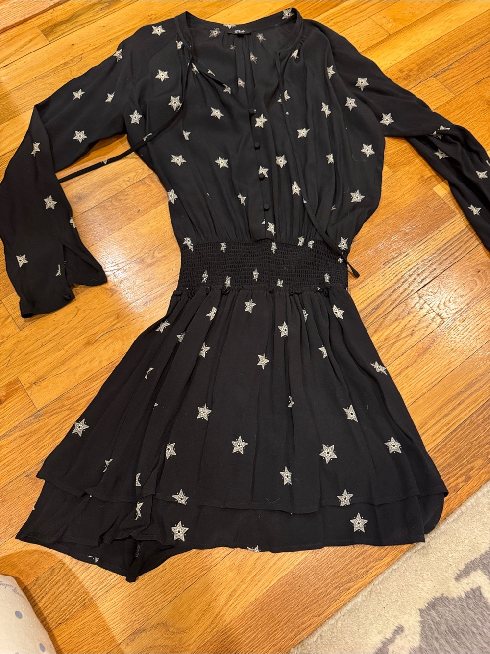 Rails Black Star Print Long Sleeve Smocked Waist Dress